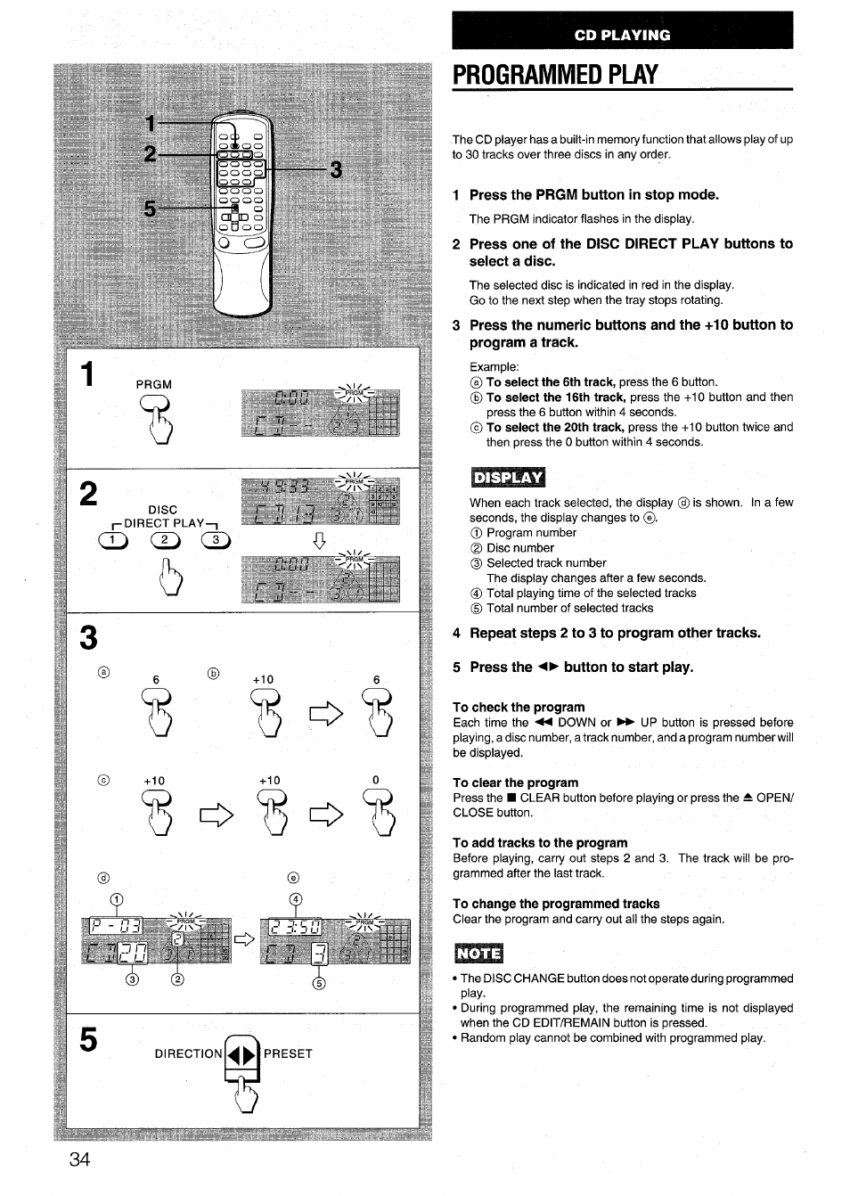 Programmed play, 1 press the prgm button in stop mode, Display | 4 repeat steps 2 to 3 to program other tracks, 5 press the <>■ button to start play, Note, Q cd cd, N:gu | Aiwa NSX-999 User Manual | Page 34 / 80