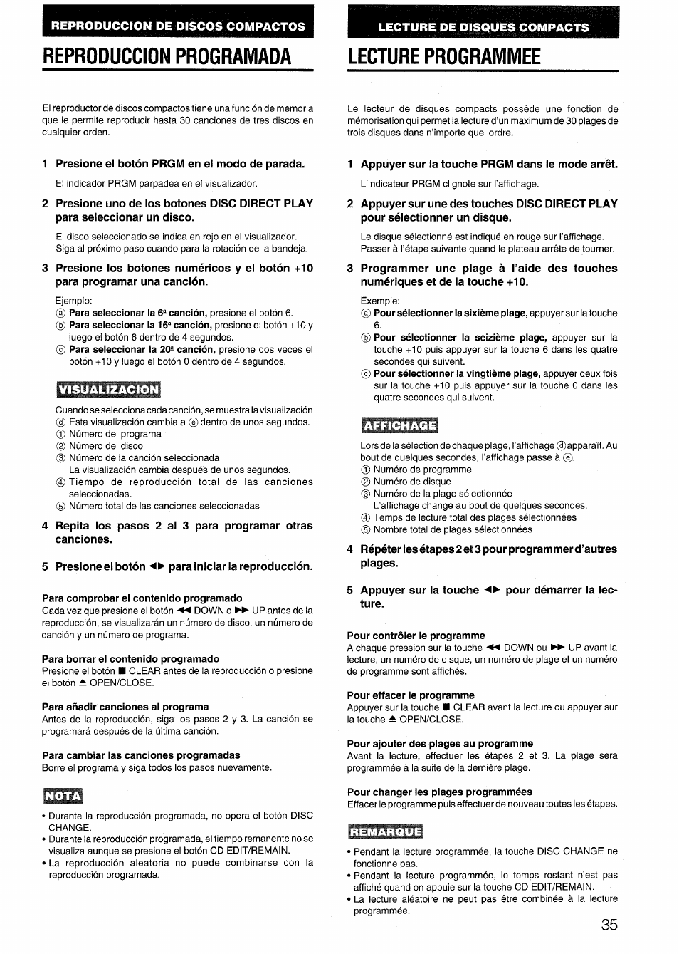 Reproduccion programada, Visualizacion, Nota | Affichage, Reproduccion programada lecture programmee | Aiwa NSX-999 User Manual | Page 35 / 80