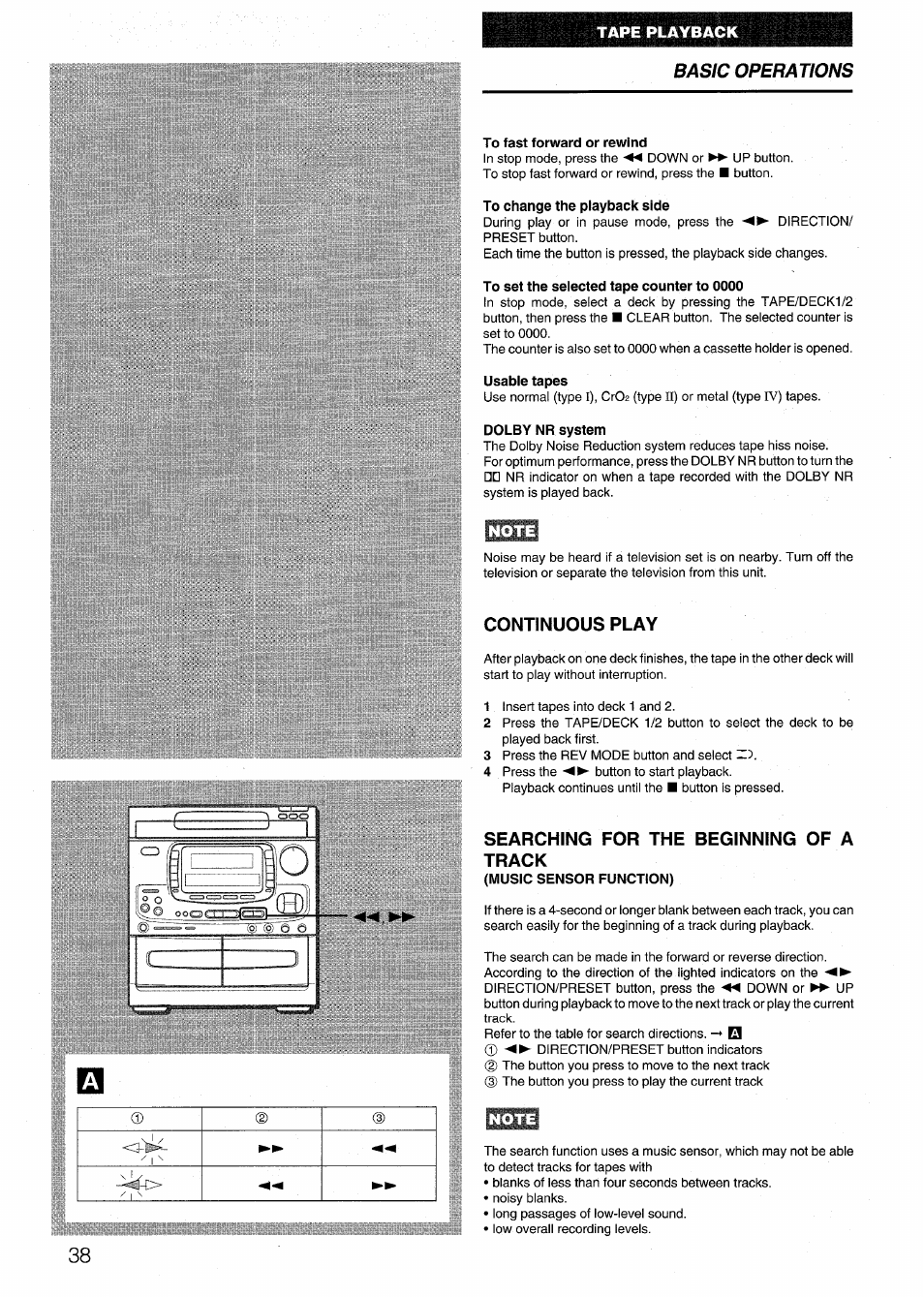 Note, Continuous play, Searching for the beginning of a track | Basic operations | Aiwa NSX-999 User Manual | Page 38 / 80