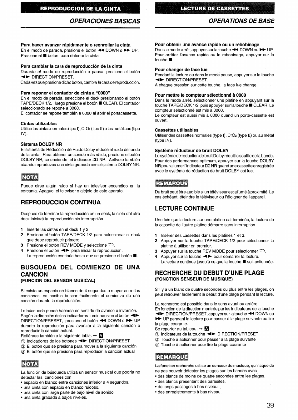 Para cambiar la cara de reproducción de la cinta, Para reponer el contador de cinta a “0000, Sistema dolby nr | Nota, Reproduccion continua, Busqueda del comienzo de una cancion, Funcion del sensor musical), Pour obtenir une avance rapide ou un rebobinage, Pour changer de face lue, Pour mettre le compteur sélectionné à 0000 | Aiwa NSX-999 User Manual | Page 39 / 80