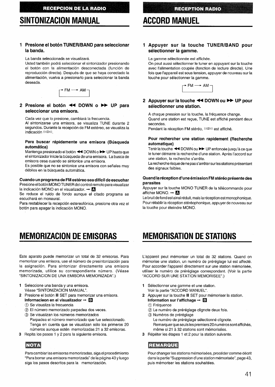 Sintonizacion manual, Up para, Appuyer sur la touche sélectionner une station | Down ou ►► up pour, Memorizacion de emisoras, Memorisation de stations, Remarque, Sintonizacion manual accoro manuel | Aiwa NSX-999 User Manual | Page 41 / 80