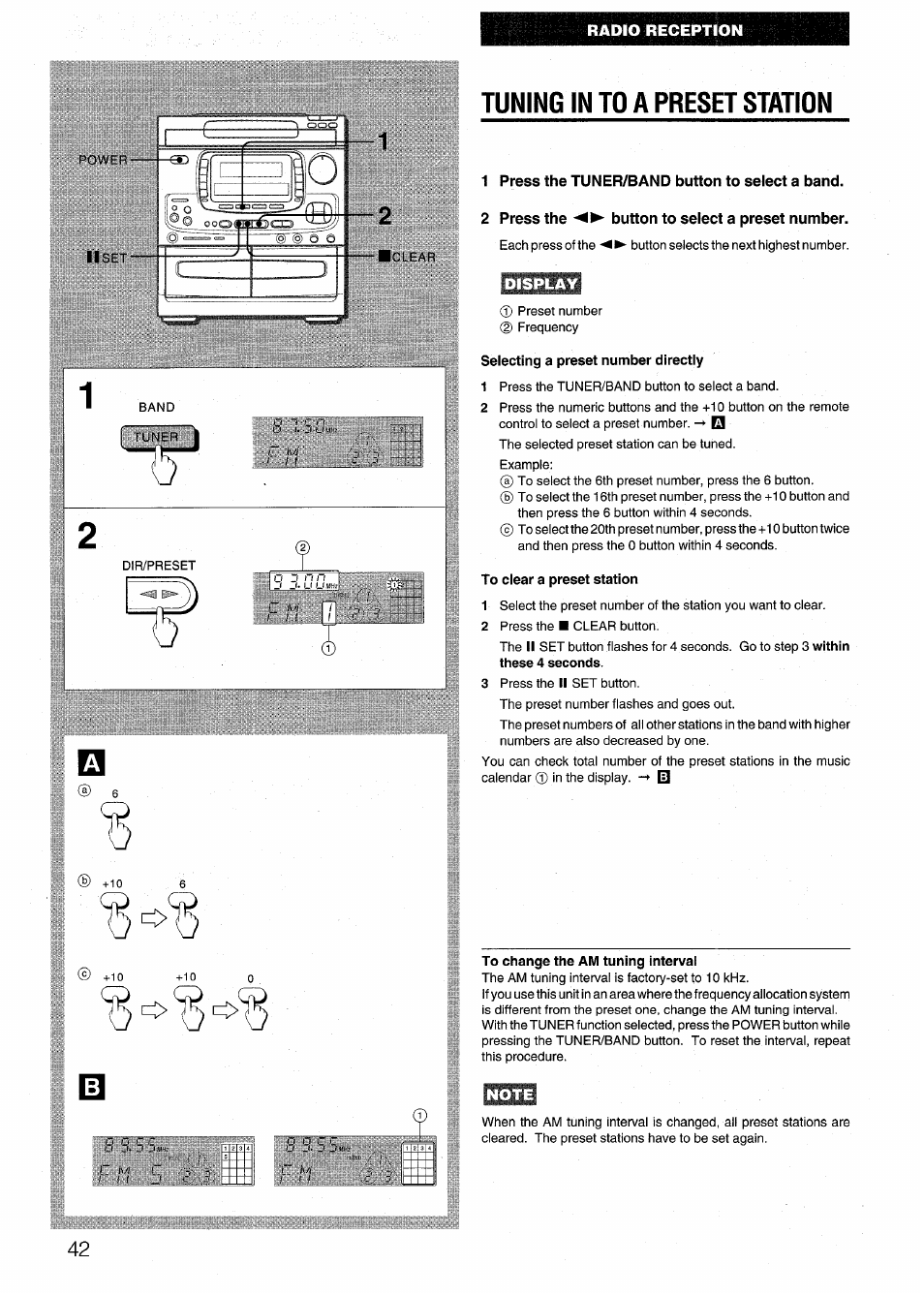 Tuning in to a preset station, 1 press the tuner/band button to select a band, 2 press the button to select a preset number | Display, Selecting a preset number directly, To clear a preset station, To change the am tuning interval, Note | Aiwa NSX-999 User Manual | Page 42 / 80