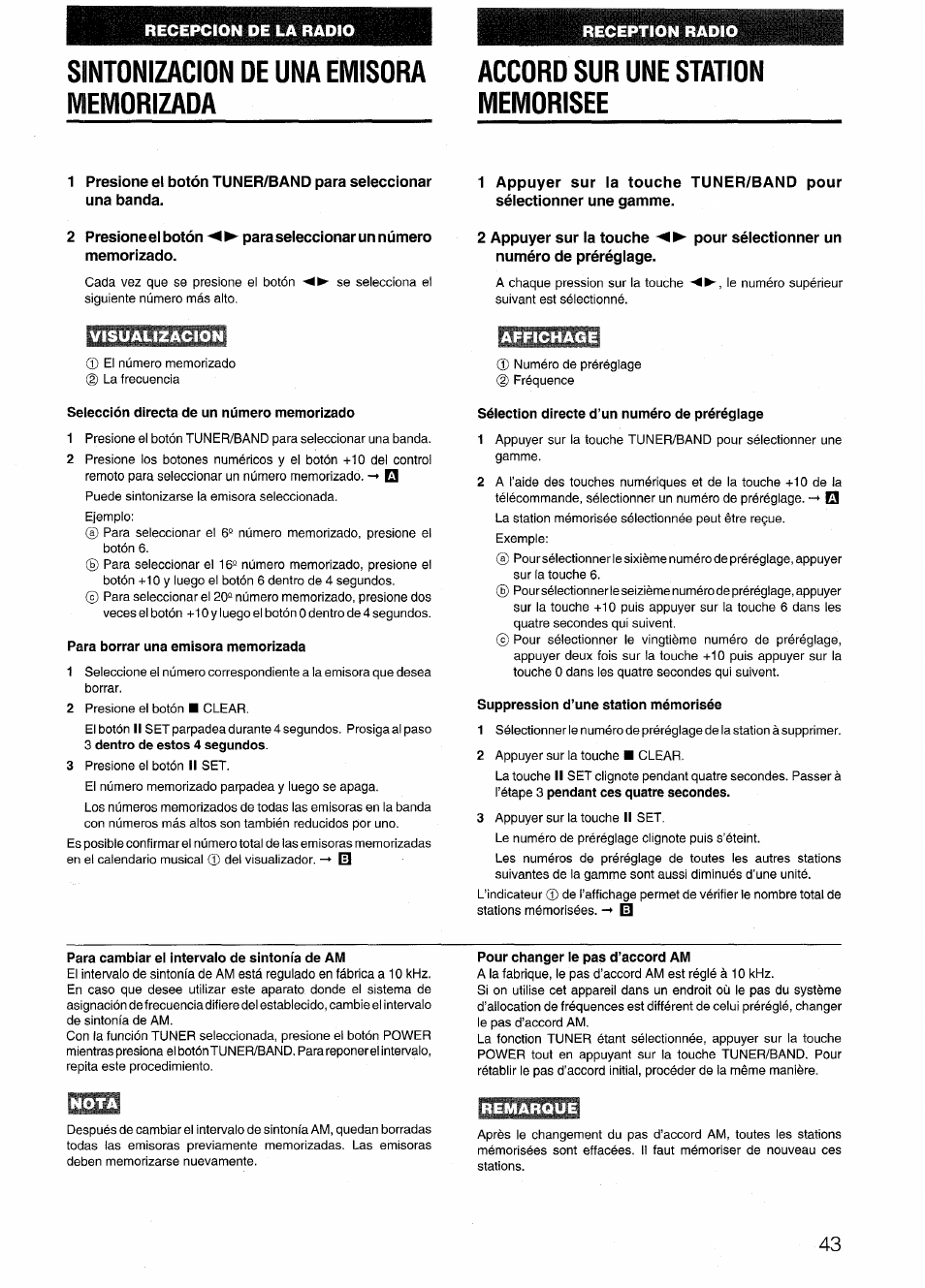 Sintonizacion de una emisora memorizada, 2 appuyer sur ia touche pour séiectionner un, Numéro de prérégiage | Visualizacion, Selección directa de un número memorizado, Para borrar una emisora memorizada, Sélection directe d’un numéro de prérégiage, Suppression d’une station mémorisée, Para cambiar ei intervalo de sintonía de am, Pour changer le pas d’accord am | Aiwa NSX-999 User Manual | Page 43 / 80