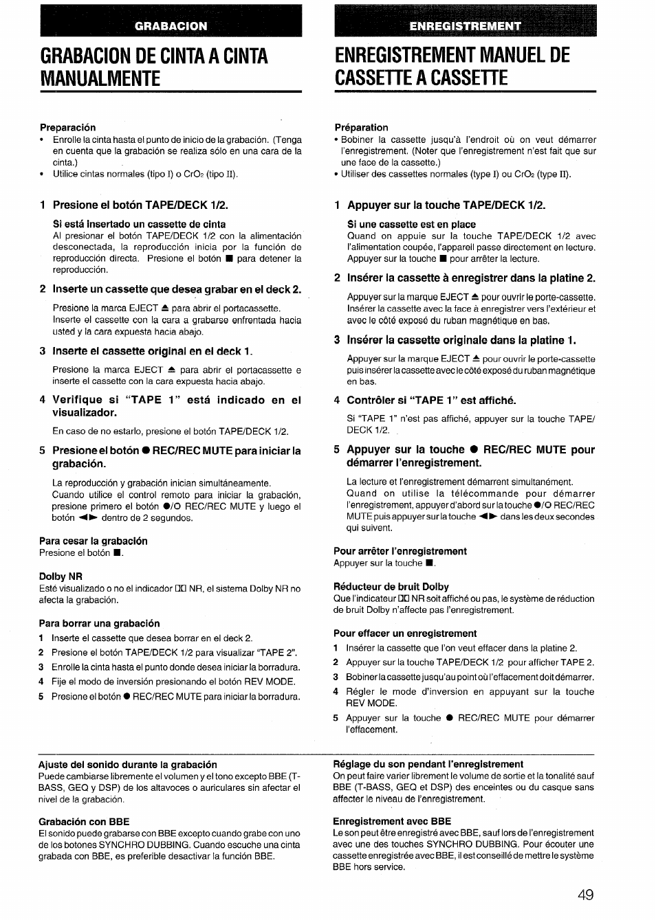 Grabacion de cinta a cinta manualmente, Enregistrement manuel de cassehe a cassehe, Preparación | Préparation, 1 presione el botón tape/deck1/2, Si está insertado un cassette de cinta, 3 inserte el cassette original en el deck 1, Tape 1” está indicado en el, Para cesar la grabación, Dolby nr | Aiwa NSX-999 User Manual | Page 49 / 80