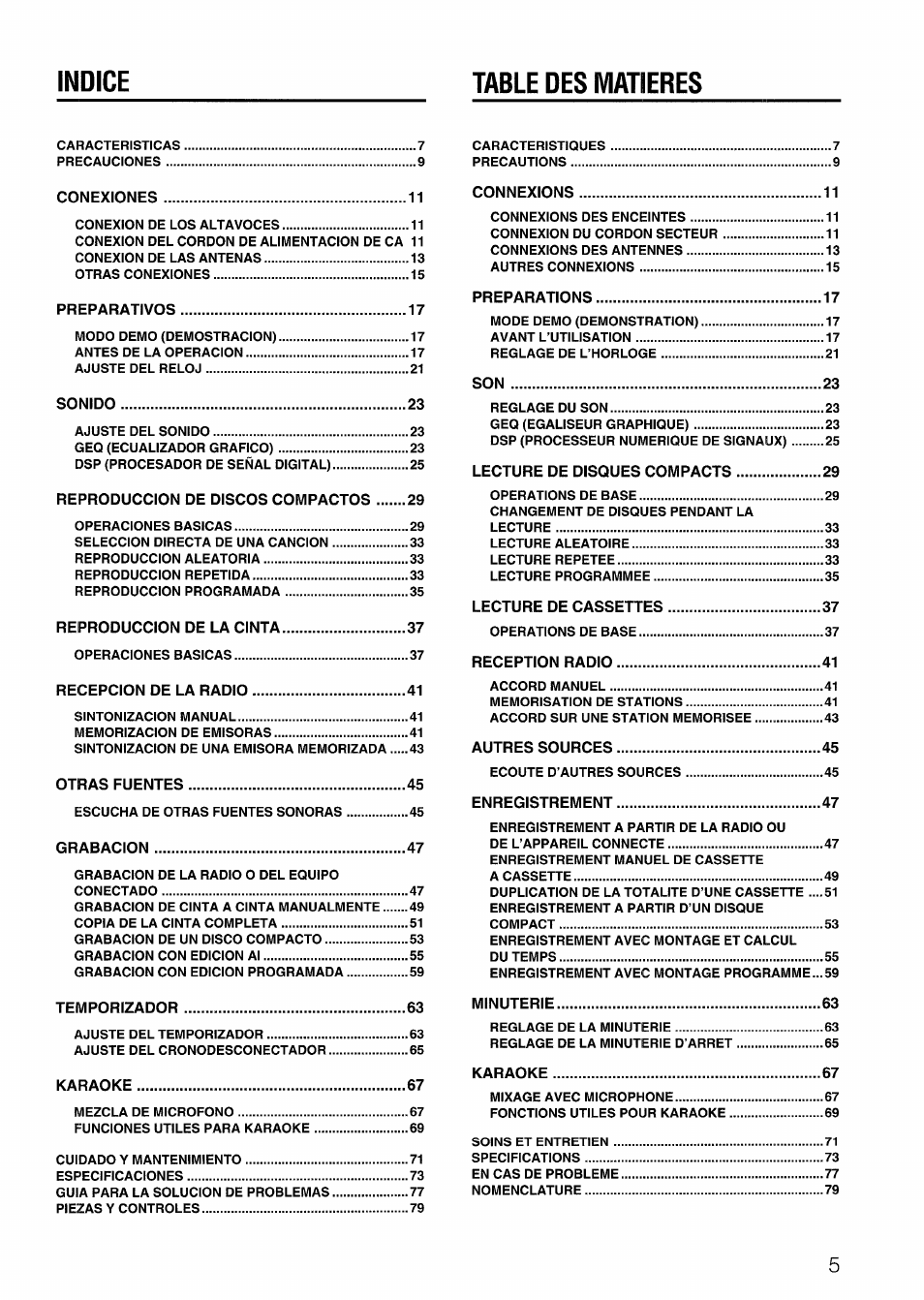 Table des matieres, Indice table des matieres | Aiwa NSX-999 User Manual | Page 5 / 80