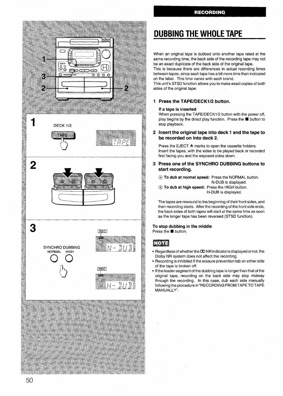Dubbing the whole tape, 1 press the tape/deck1/2 button, Note | Aiwa NSX-999 User Manual | Page 50 / 80
