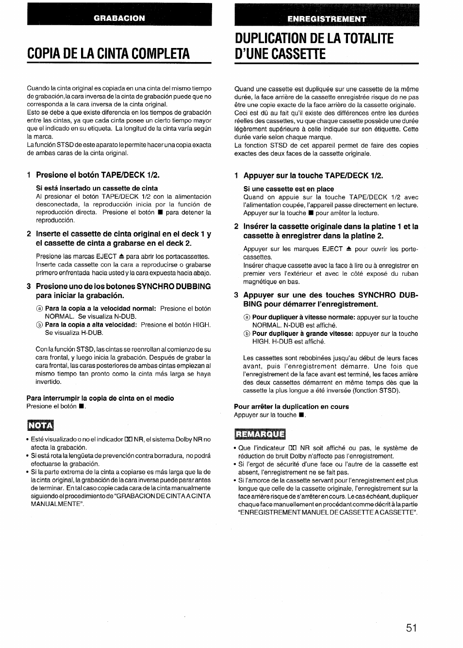 Copia de la cinta completa, Duplication de la totalite d’une cassehe, 1 presione el botón tape/deck 1/2 | Nota, 1 appuyer sur la touche tape/deck 1/2, Remarque | Aiwa NSX-999 User Manual | Page 51 / 80