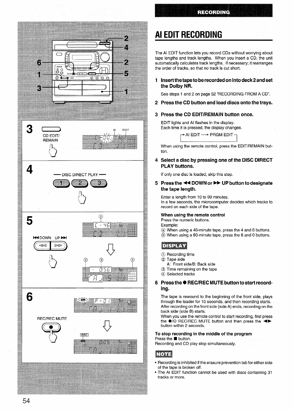 Al edit recording, 3 press the cd edit/remain button once, When using the remote control | Display, To stop recording in the middle of the program, Note | Aiwa NSX-999 User Manual | Page 54 / 80