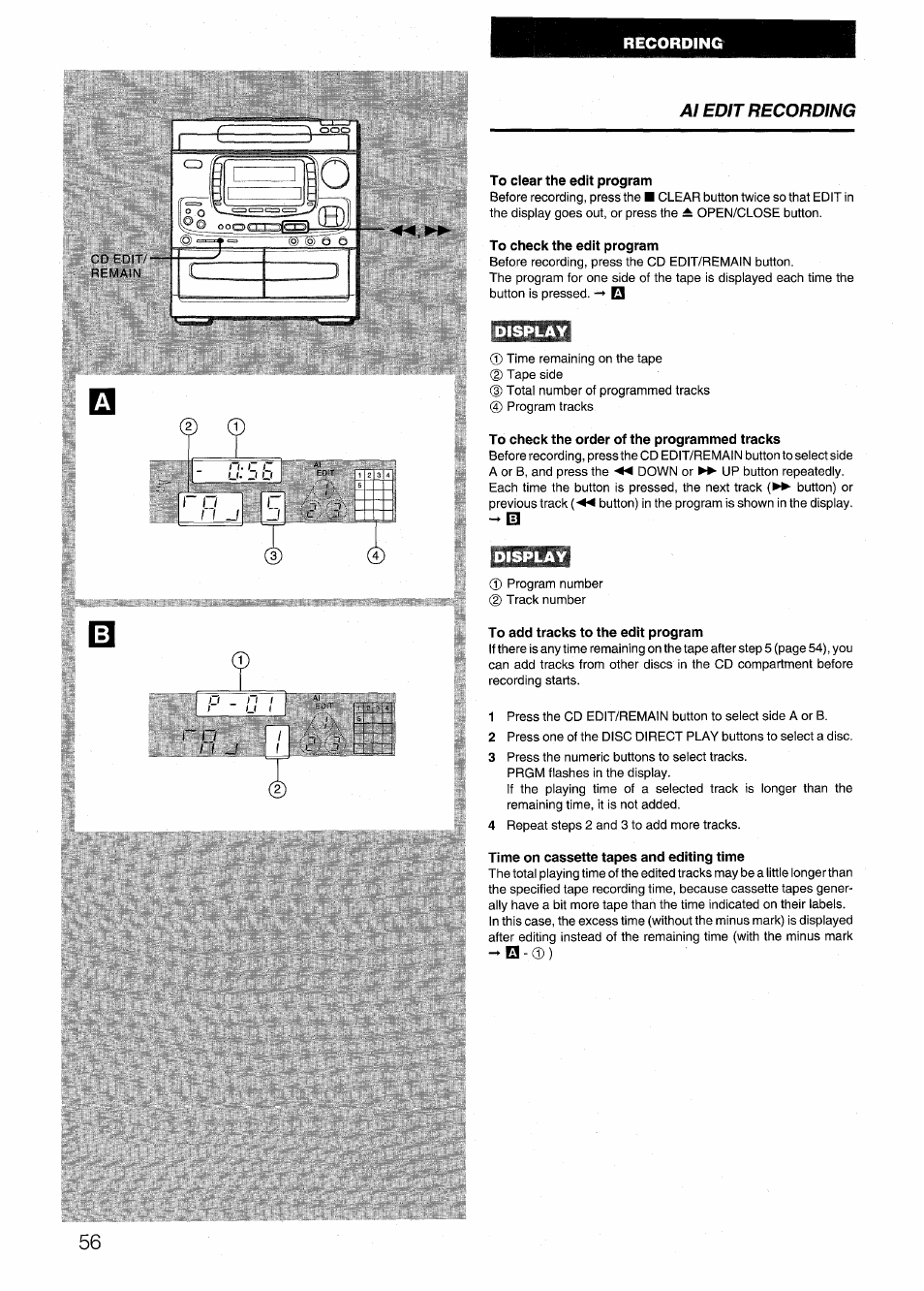 To clear the edit program, To check the edit program, Display | To check the order of the programmed tracks, To add tracks to the edit program, Time on cassette tapes and editing time, Al edit recording, Recording | Aiwa NSX-999 User Manual | Page 56 / 80