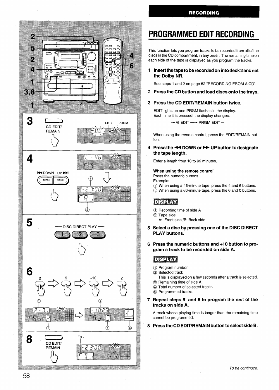 Programivied edit recording, When using the remote control, Display | Programmed edit recording | Aiwa NSX-999 User Manual | Page 58 / 80