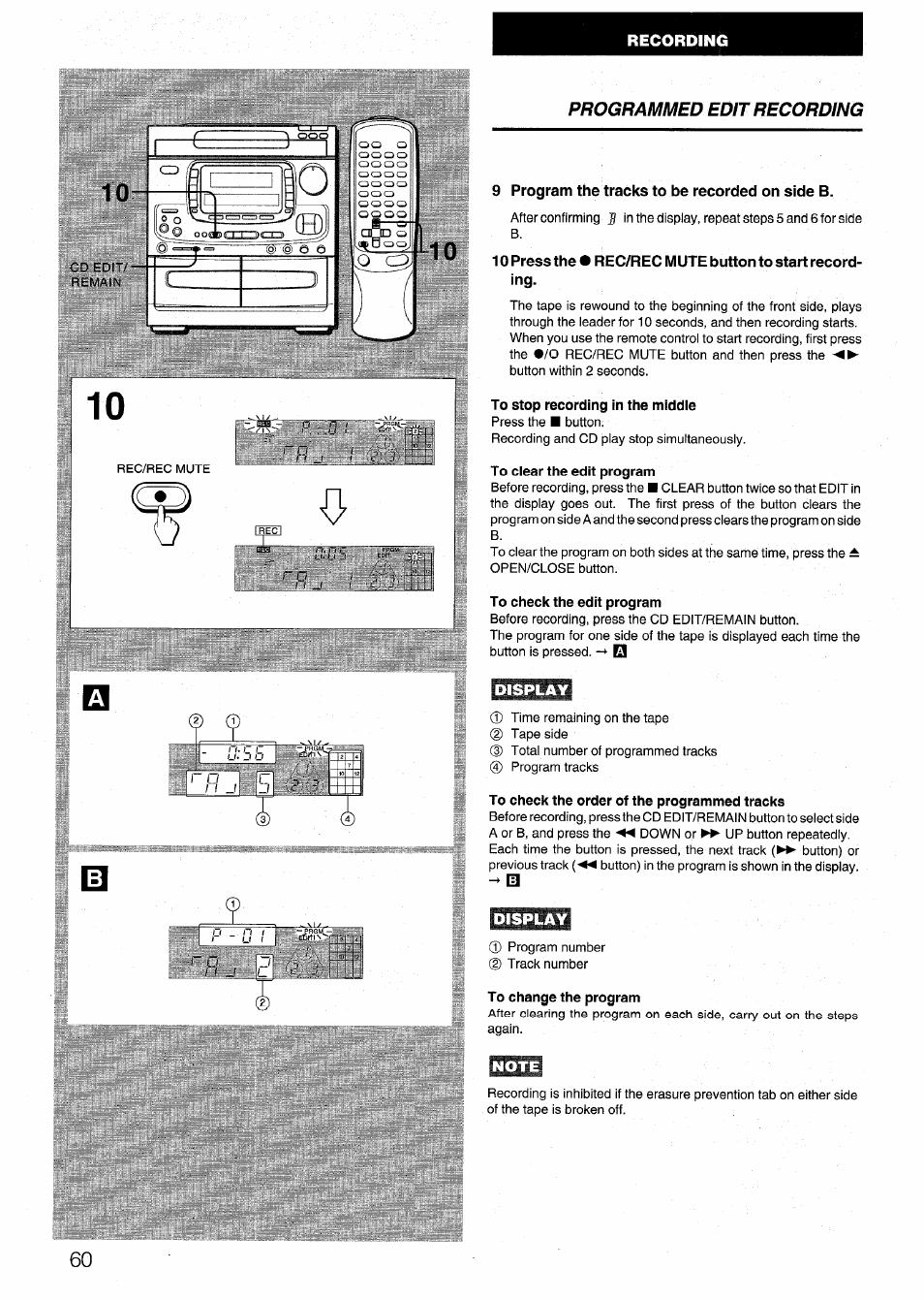 9 program the tracks to be recorded on side b, To stop recording in the middle, To check the edit program | Display, To check the order of the programmed tracks, To change the program, Note | Aiwa NSX-999 User Manual | Page 60 / 80