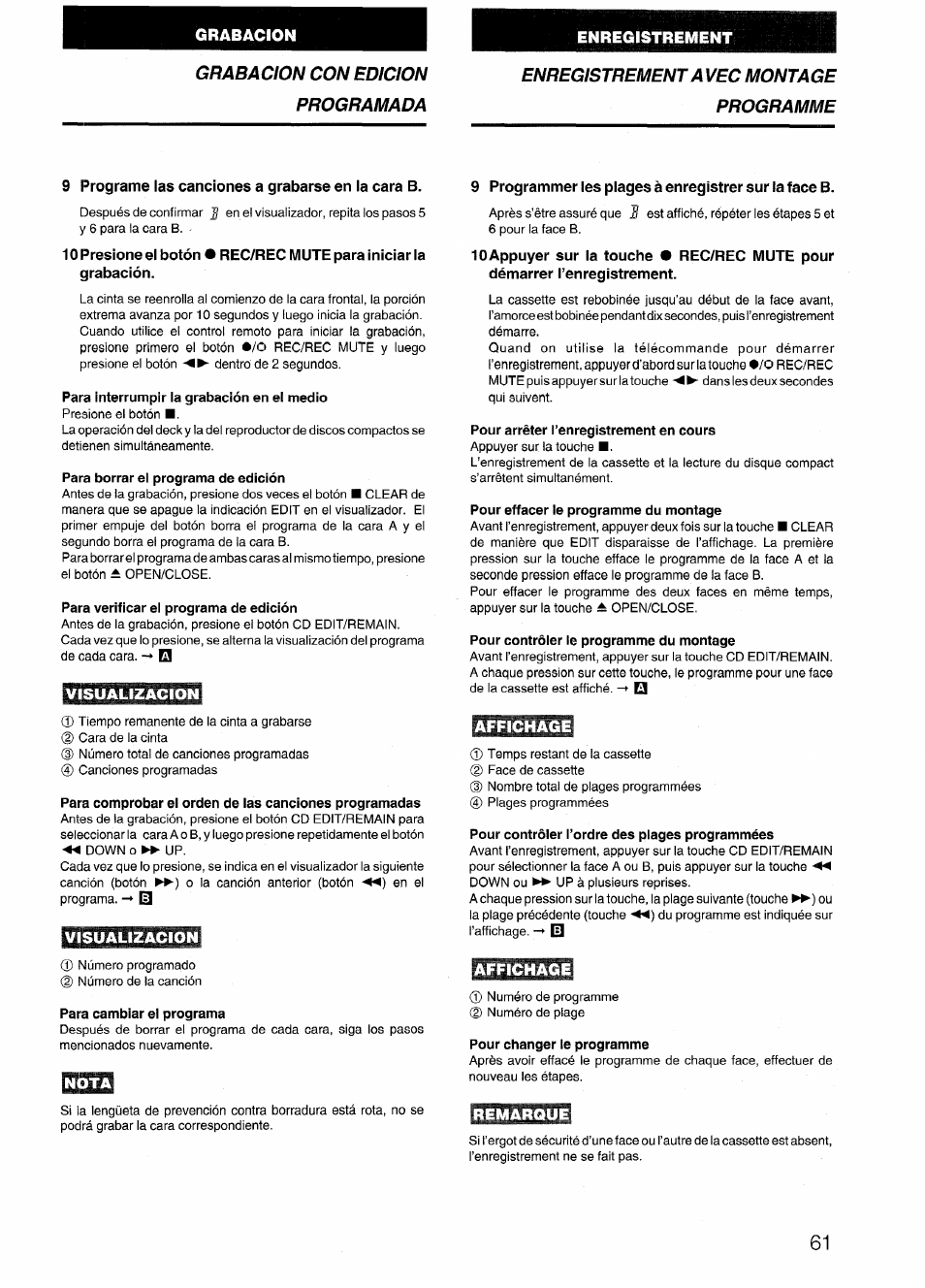 9 programe las canciones a grabarse en la cara b, 10 presione el botón ' grabación, Para interrumpir ia grabación en ei medio | Para borrar el programa de edición, Para verificar el programa de edición, Visualizacion, Para cambiar el programa, Nota, Pour arrêter l’enregistrement en cours, Pour effacer le programme du montage | Aiwa NSX-999 User Manual | Page 61 / 80