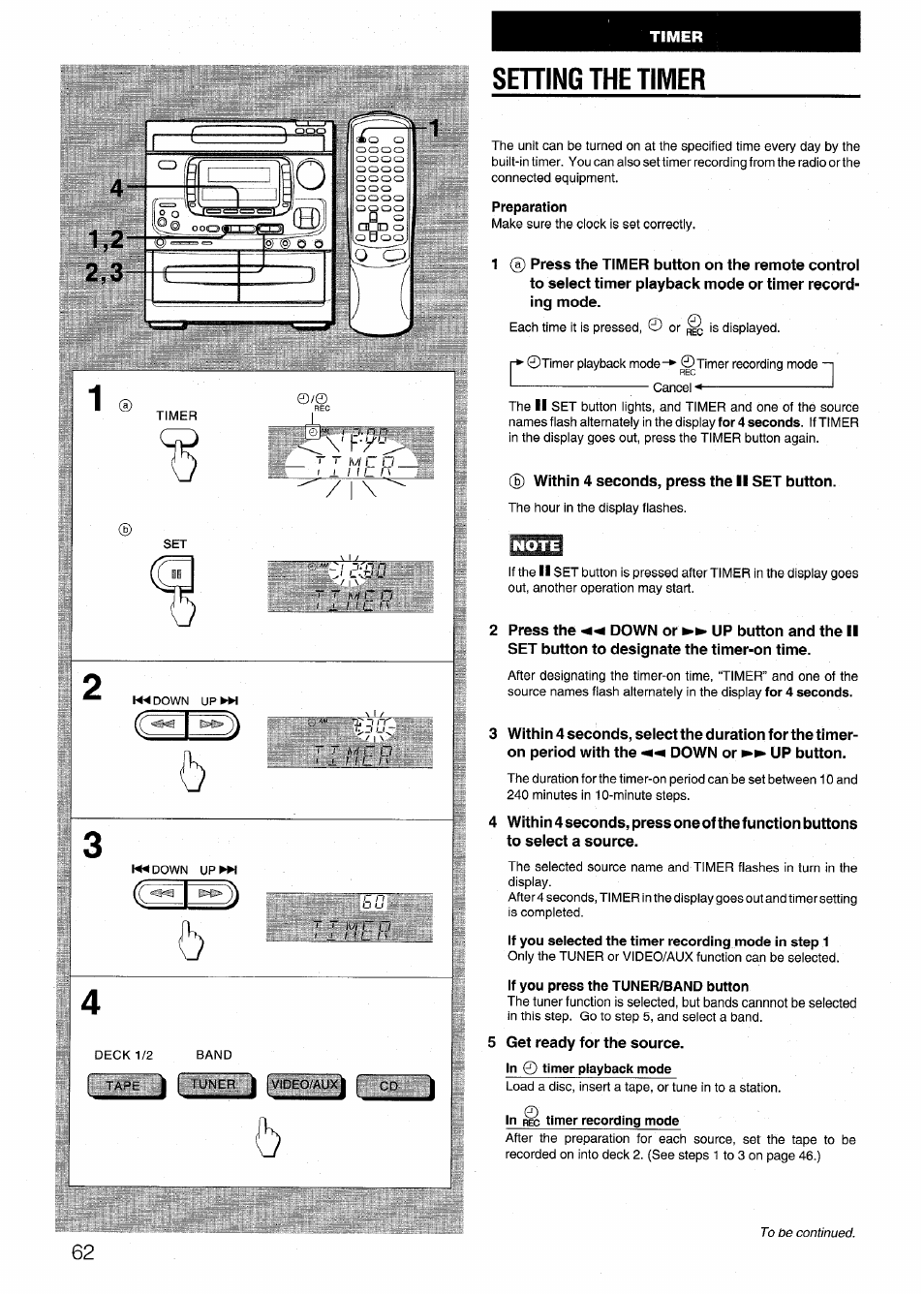 Sehing the timer, Preparation, If you press the tuner/band button | Setting the timer | Aiwa NSX-999 User Manual | Page 62 / 80