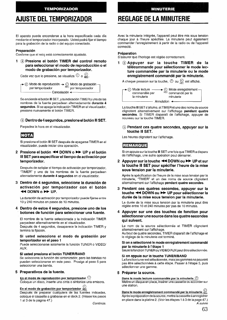 Ajuste del temporizador, Reglage de la minuterie, Preparación | Nota, Si usted presiona el botón tuner/band, Préparation, Remarque, Si on appuie sur la touche tuner/band, Ajuste del temporizador reglage de la minuterie | Aiwa NSX-999 User Manual | Page 63 / 80