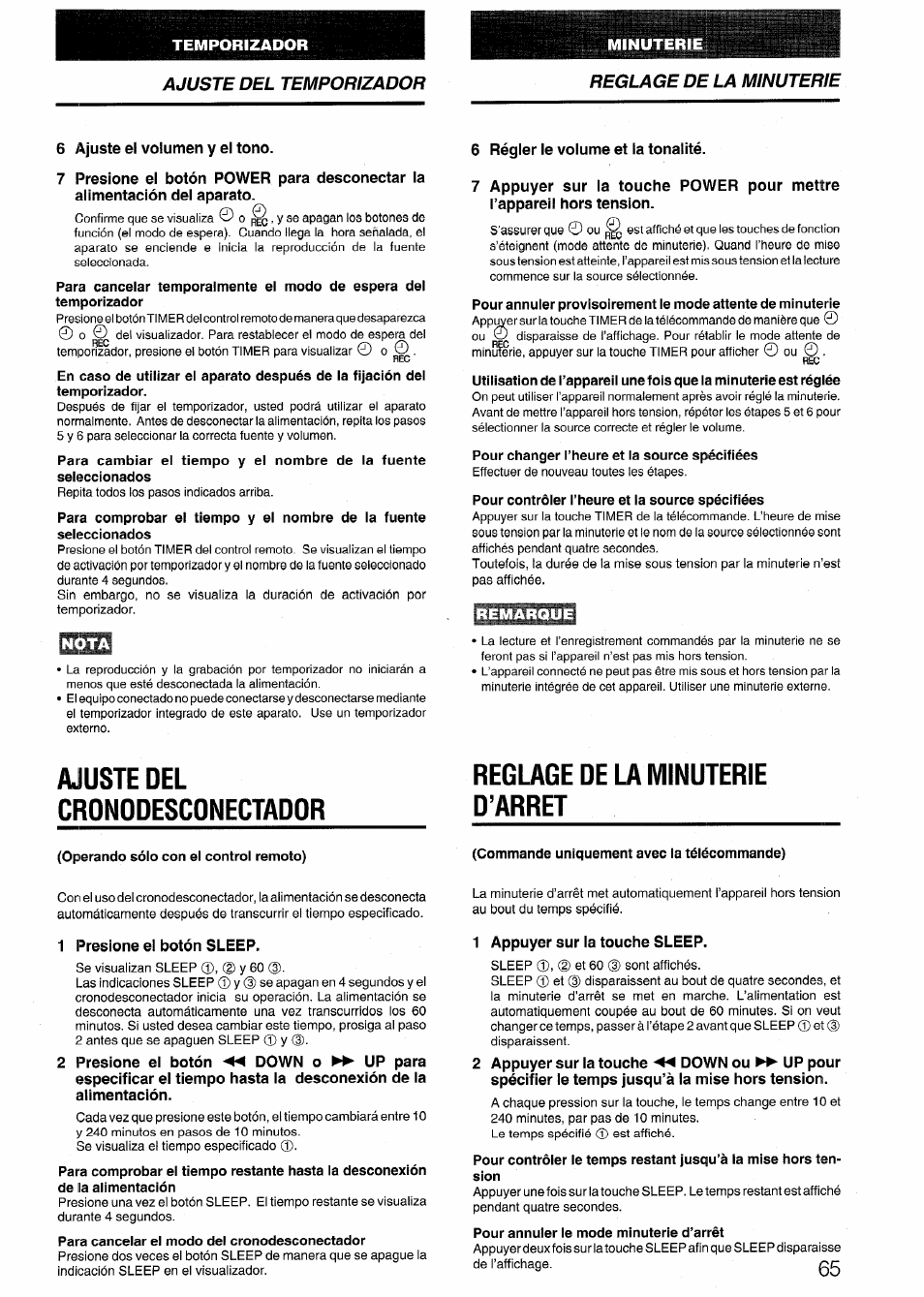 Nota, Remarque, Ajuste del | Cronodesconectador, Reglage de la minuterie d’arret, Ajuste del cronodesconectador, Ajuste del temporizador reglage de la minuterie | Aiwa NSX-999 User Manual | Page 65 / 80