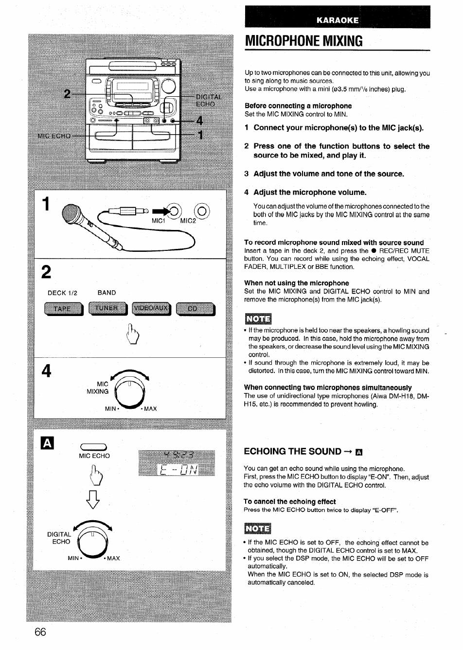 Microphone mixing, Before connecting a microphone, 1 connect your microphone(s) to the mic jack(s) | Source to be mixed, and play it, 3 adjust the volume and tone of the source, 4 adjust the microphone volume, To record microphone sound mixed with source sound, When not using the microphone, Note, When connecting two microphones simultaneously | Aiwa NSX-999 User Manual | Page 66 / 80