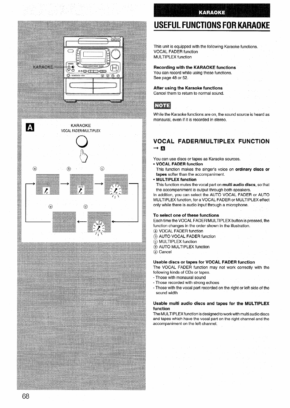 Useful functions for karaoke, Note, Vocal fader/multiplex function | Aiwa NSX-999 User Manual | Page 68 / 80