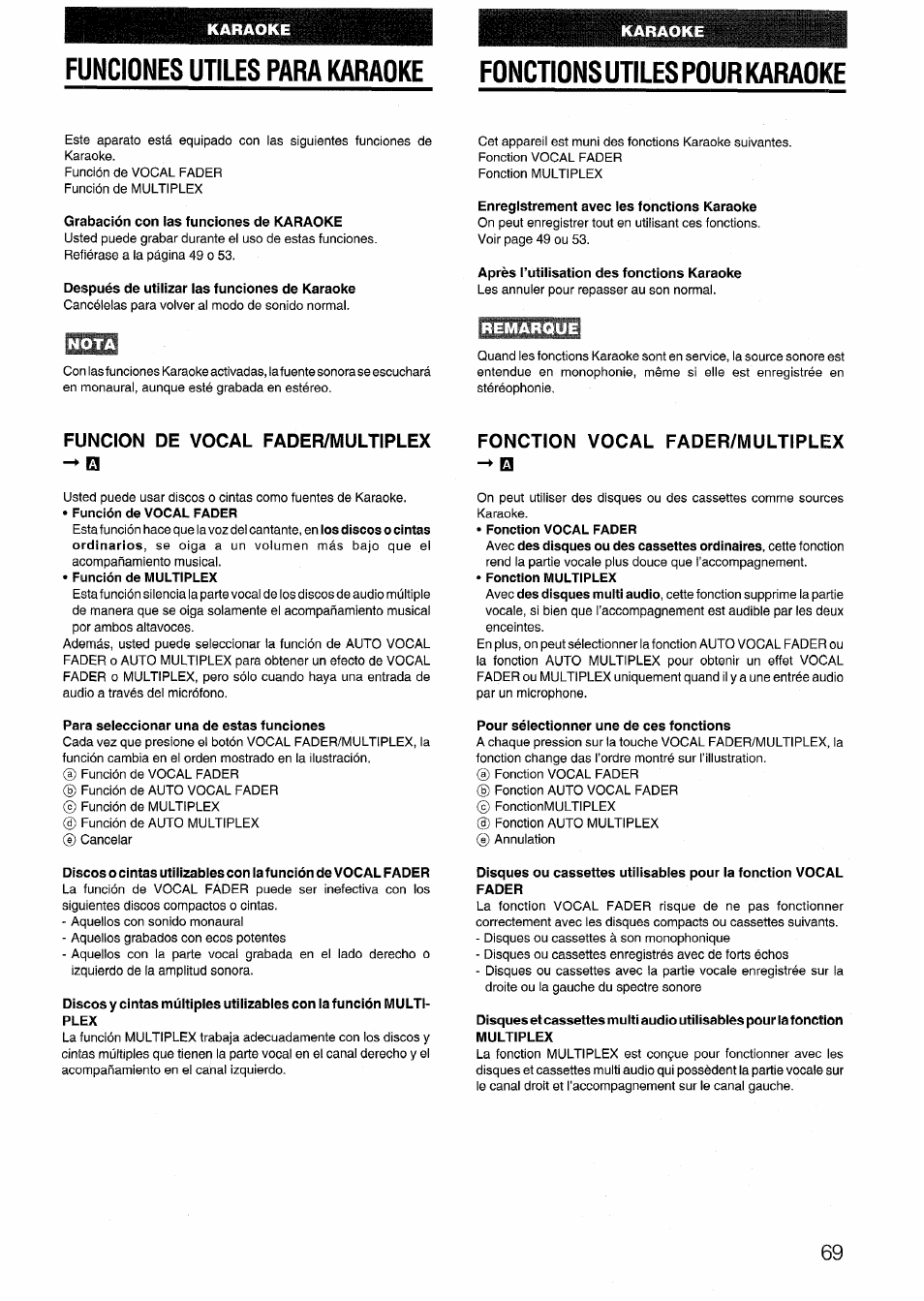 Nota, Remarque, Funcion de vocal fader/multiplex | Fonction vocal fader/multiplex | Aiwa NSX-999 User Manual | Page 69 / 80