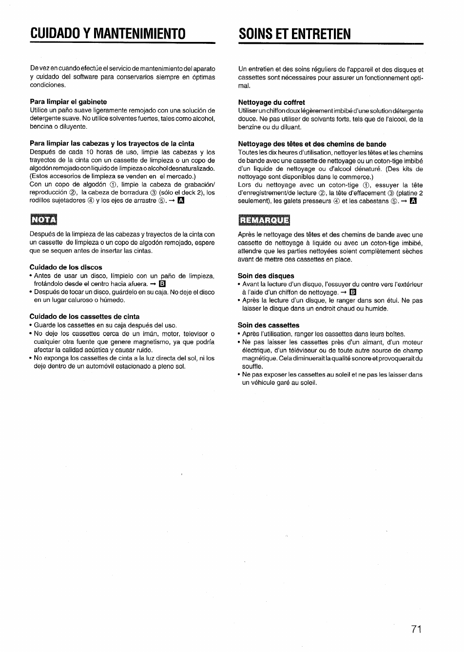 Cuidado y mantenimiento, Remarque, Cuidado y mantenimiento soins et entretien | Aiwa NSX-999 User Manual | Page 71 / 80