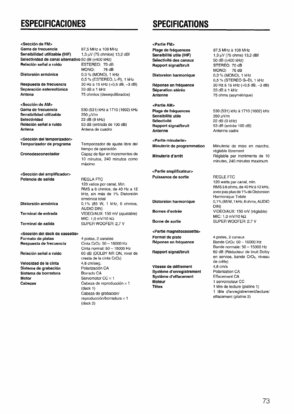 Especificaciones, Specifications, Especificaciones specifications | Aiwa NSX-999 User Manual | Page 73 / 80