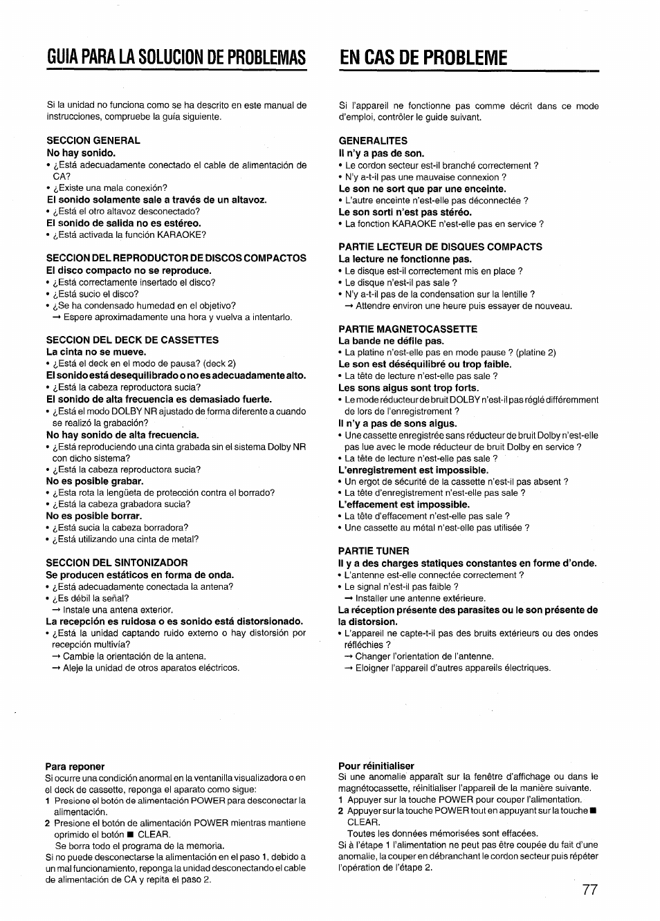 Para reponer, Pour réinitialiser | Aiwa NSX-999 User Manual | Page 77 / 80