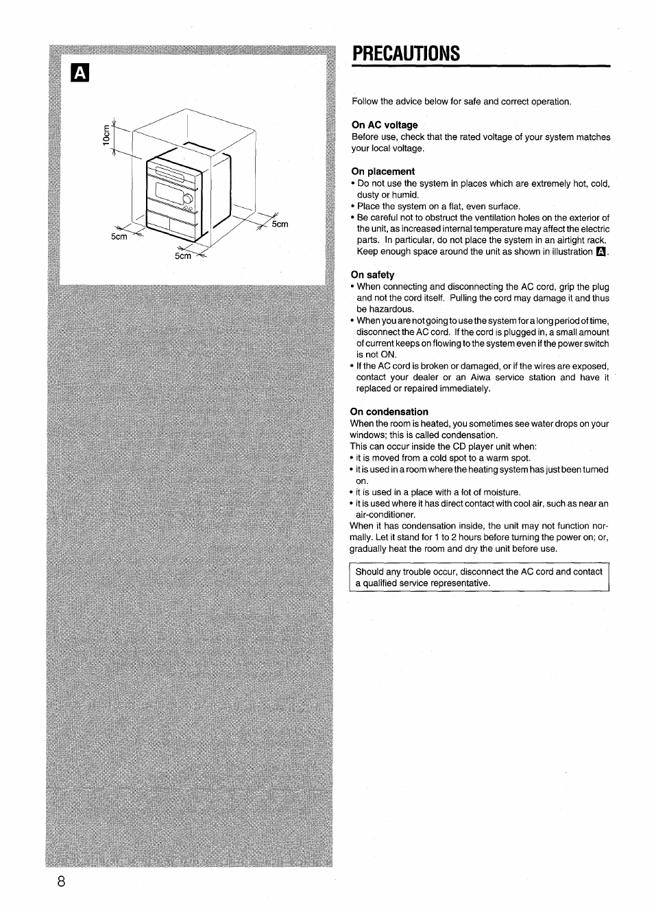 Precautions, On ac voltage, On placement | On safety, On condensation | Aiwa NSX-999 User Manual | Page 8 / 80