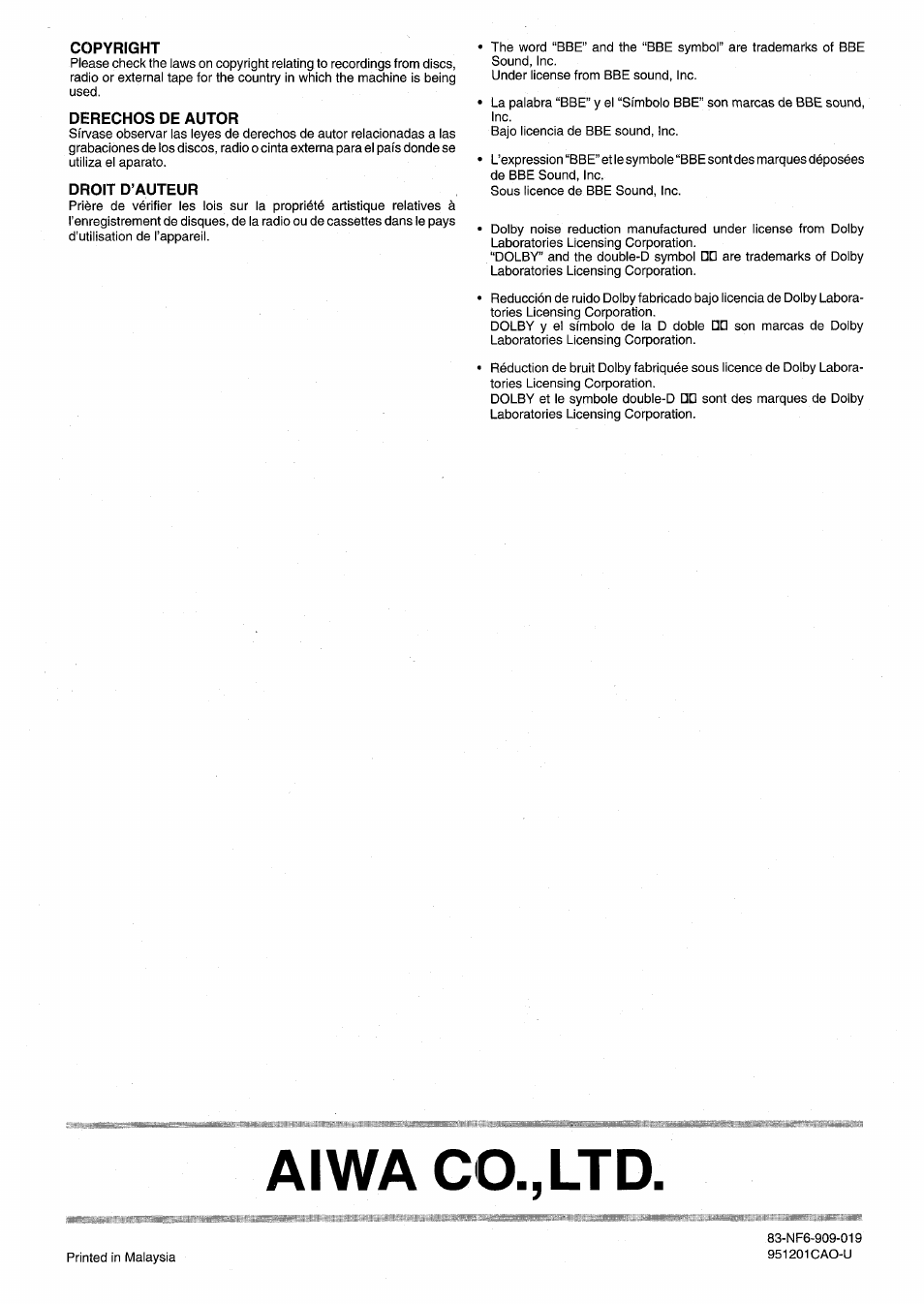 Copyright, Derechos de autor, Droit d’auteur | Aiwa co., ltd | Aiwa NSX-999 User Manual | Page 80 / 80