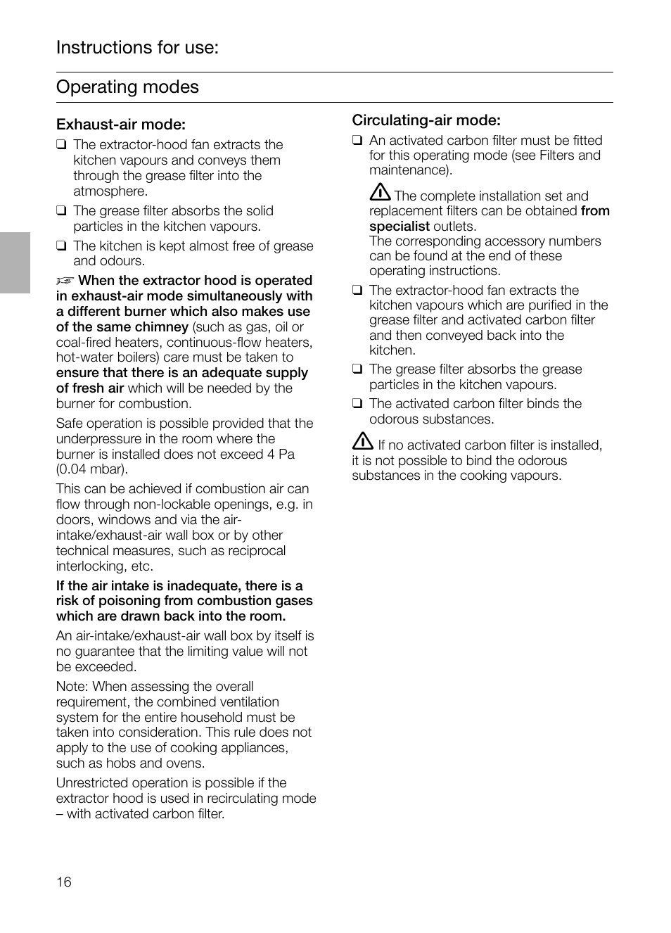 Operating modes, Instructions for use | Siemens LC955KA40 User Manual | Page 16 / 96