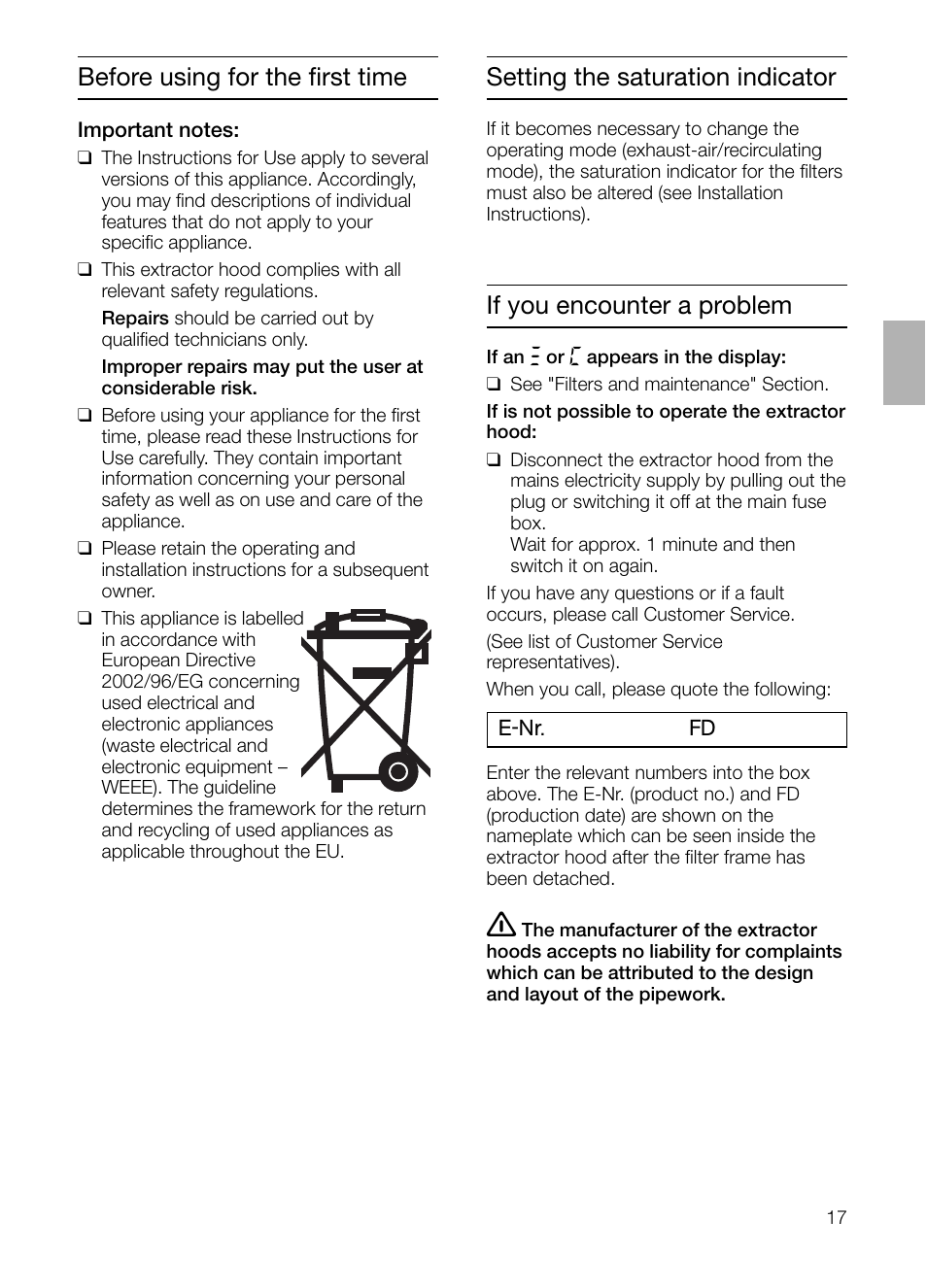 Before using for the first time, If you encounter a problem, Setting the saturation indicator | Siemens LC955KA40 User Manual | Page 17 / 96