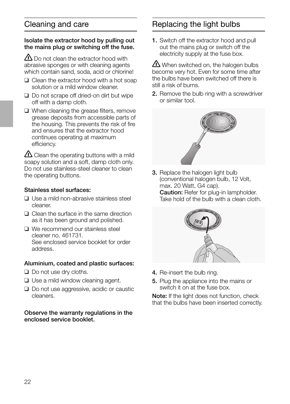 Cleaning and care, Replacing the light bulbs | Siemens LC955KA40 User Manual | Page 22 / 96