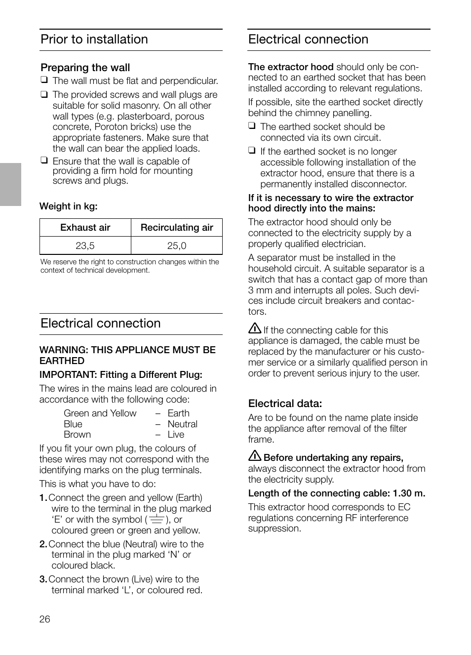 Prior to installation, Electrical connection | Siemens LC955KA40 User Manual | Page 26 / 96