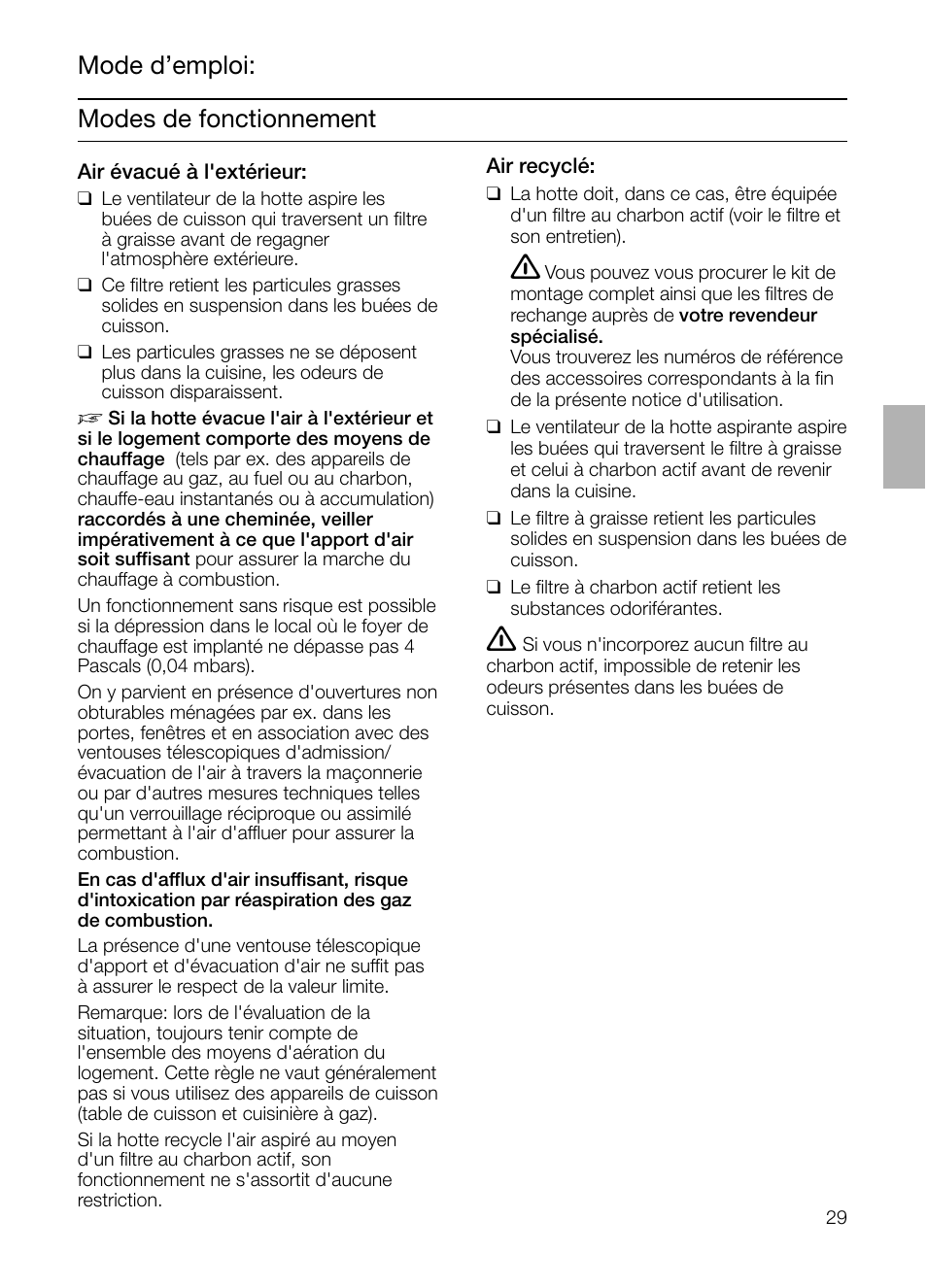 Modes de fonctionnement, Mode d’emploi | Siemens LC955KA40 User Manual | Page 29 / 96