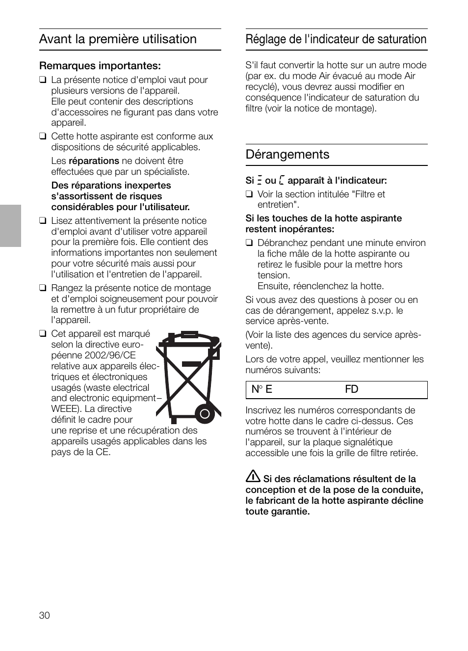 Avant la première utilisation, Réglage de l'indicateur de saturation, Dérangements | Siemens LC955KA40 User Manual | Page 30 / 96