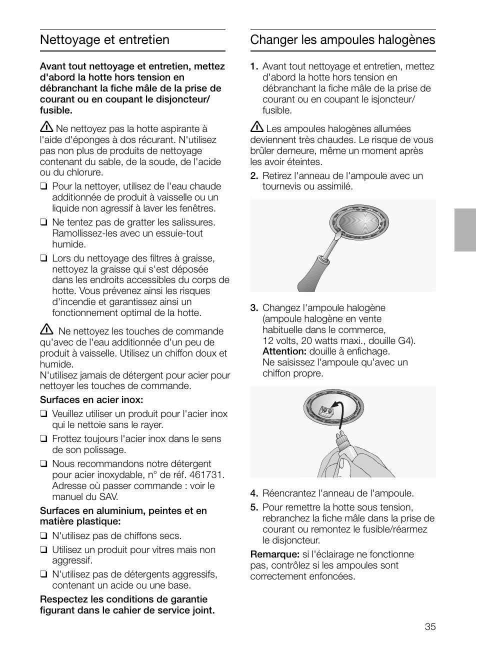 Nettoyage et entretien, Changer les ampoules halogènes | Siemens LC955KA40 User Manual | Page 35 / 96