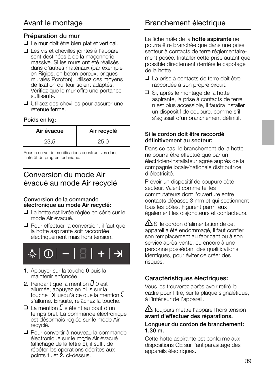 Avant le montage, Branchement électrique, Conversion du mode air évacué au mode air recyclé | Siemens LC955KA40 User Manual | Page 39 / 96