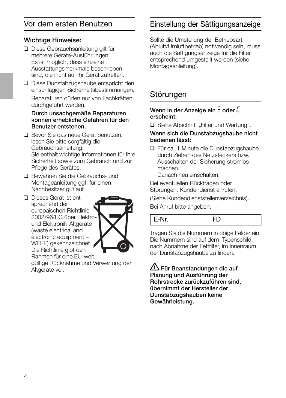 Vor dem ersten benutzen, Störungen, Einstellung der sättigungsanzeige | Siemens LC955KA40 User Manual | Page 4 / 96