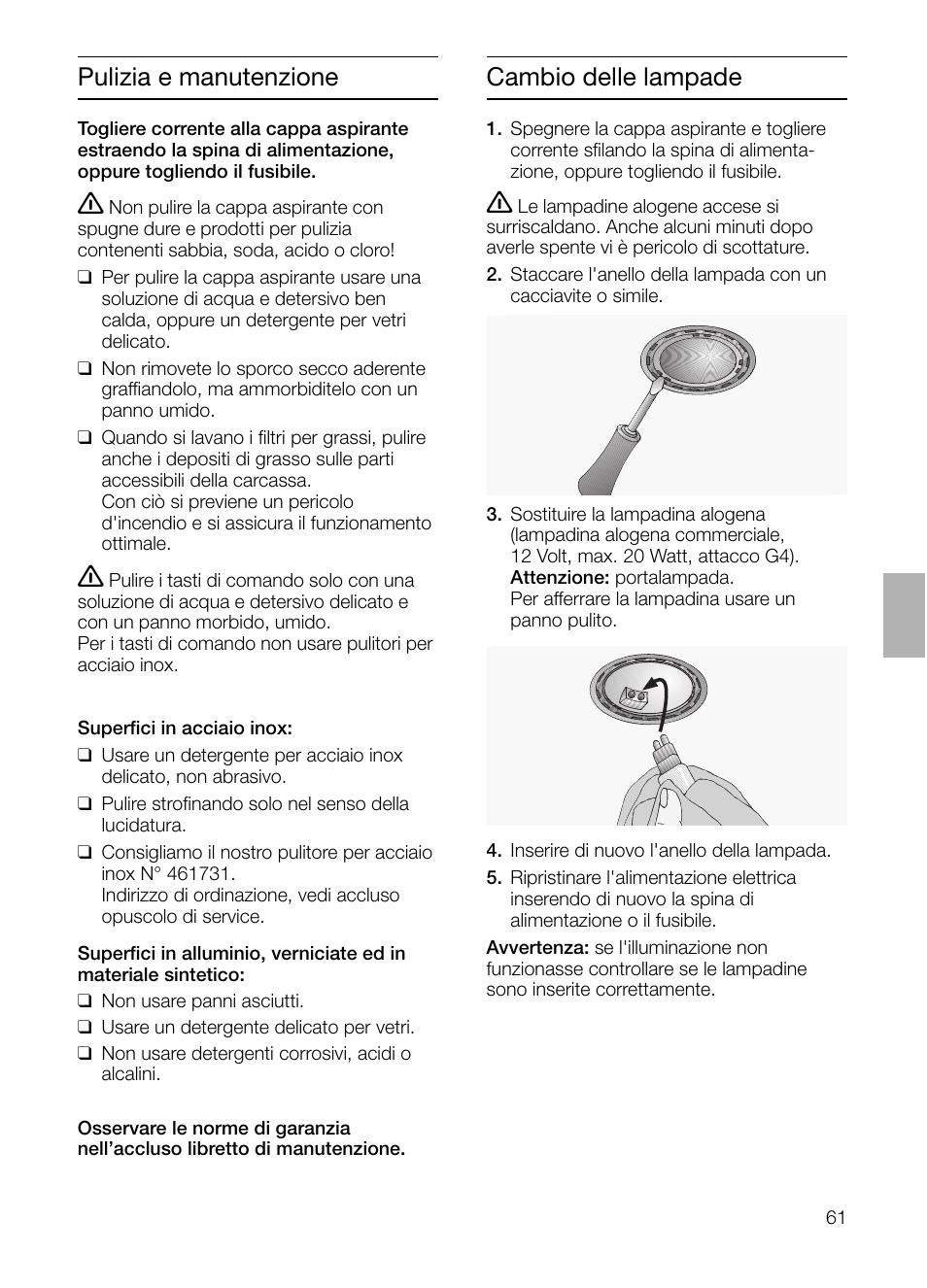 Pulizia e manutenzione, Cambio delle lampade | Siemens LC955KA40 User Manual | Page 61 / 96
