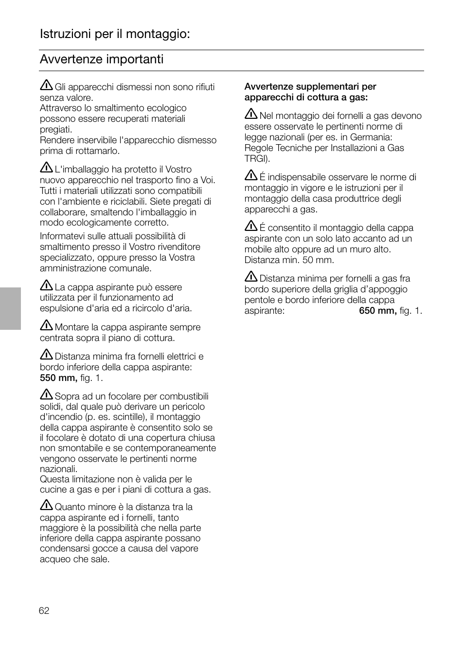 Avvertenze importanti istruzioni per il montaggio | Siemens LC955KA40 User Manual | Page 62 / 96