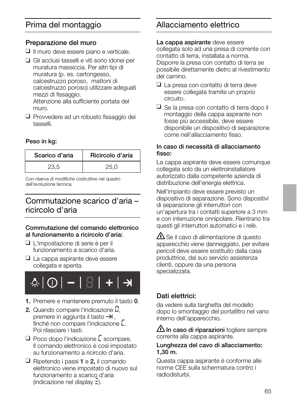 Prima del montaggio, Allacciamento elettrico, Commutazione scarico d'aria – ricircolo d'aria | Siemens LC955KA40 User Manual | Page 65 / 96