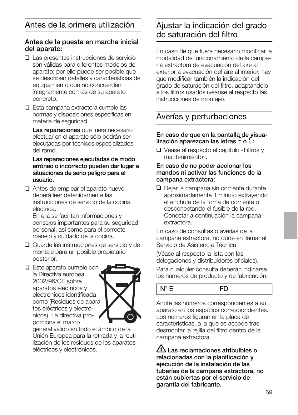 Antes de la primera utilización, Averías y perturbaciones | Siemens LC955KA40 User Manual | Page 69 / 96