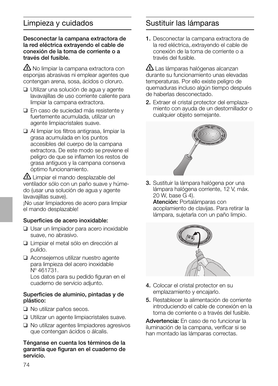 Limpieza y cuidados, Sustituir las lámparas | Siemens LC955KA40 User Manual | Page 74 / 96