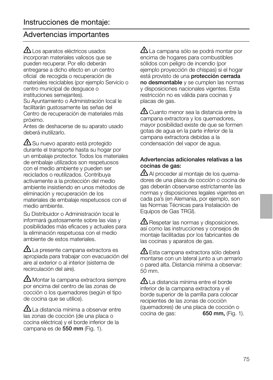 Advertencias importantes instrucciones de montaje | Siemens LC955KA40 User Manual | Page 75 / 96