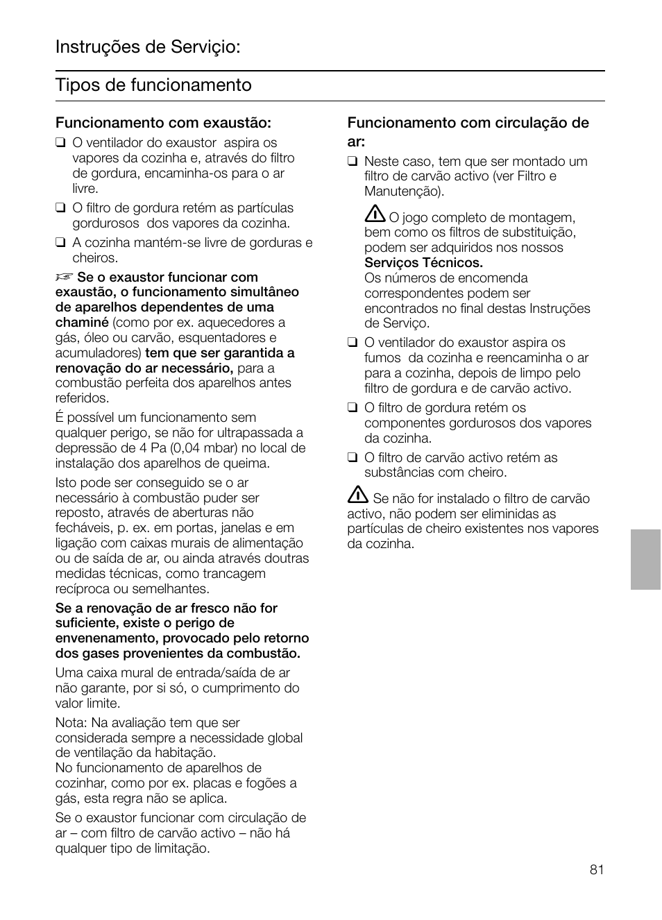 Tipos de funcionamento, Instruções de serviçio | Siemens LC955KA40 User Manual | Page 81 / 96