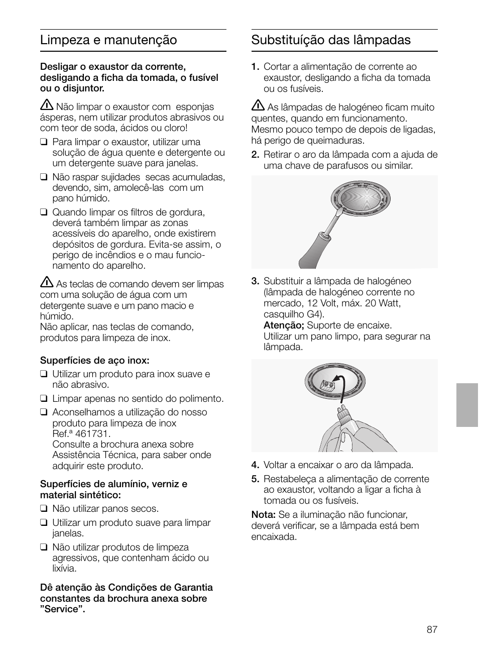 Limpeza e manutenção, Substituíção das lâmpadas | Siemens LC955KA40 User Manual | Page 87 / 96