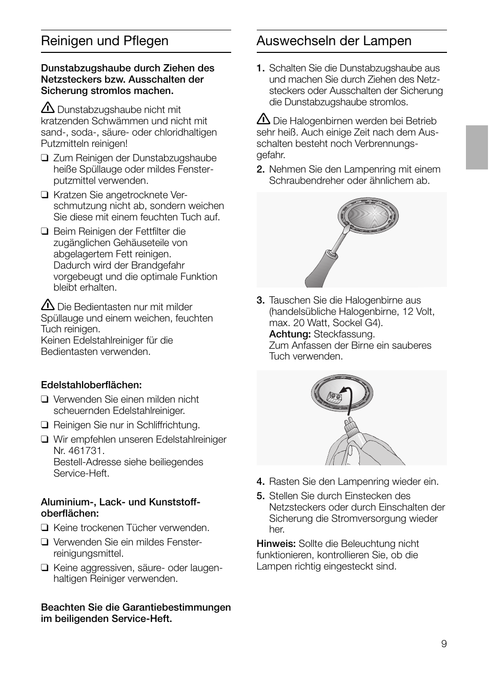 Auswechseln der lampen, Reinigen und pflegen | Siemens LC955KA40 User Manual | Page 9 / 96