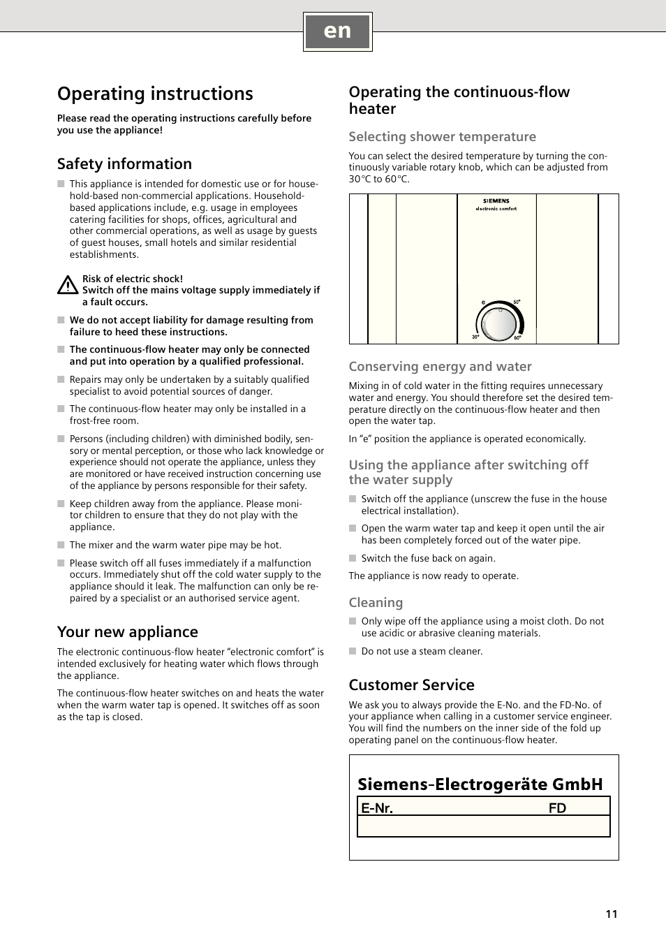 Operating instructions, Safety information, Your new appliance | Operating the continuous-ﬂow heater, Customer service, Selecting shower temperature, Conserving energy and water, Cleaning | Siemens DE1821415 User Manual | Page 11 / 52