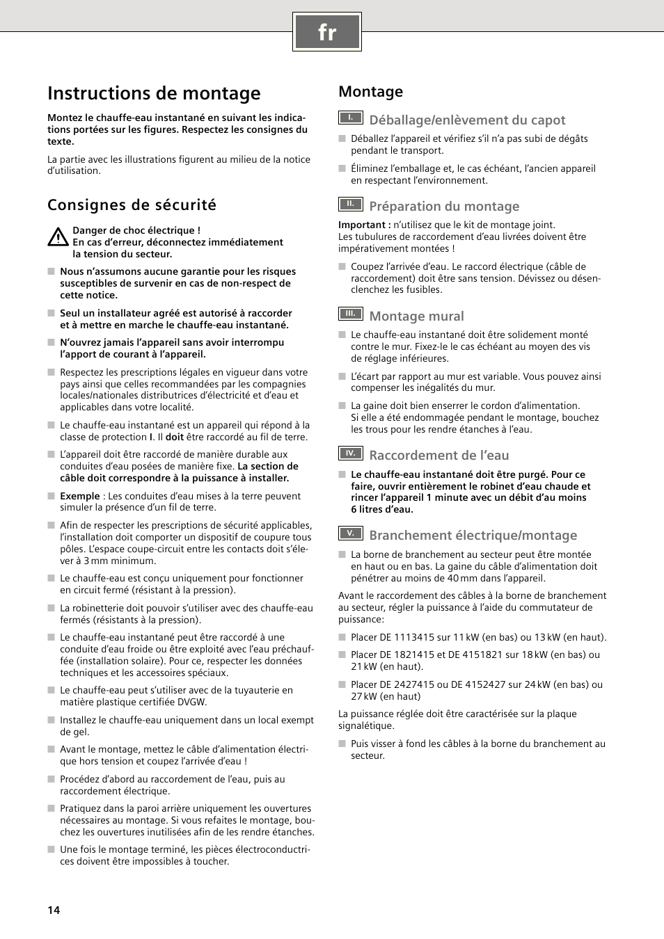 Instructions de montage, Consignes de sécurité, Montage | Déballage/enlèvement du capot, Préparation du montage, Montage mural, Raccordement de l’eau, Branchement électrique/montage | Siemens DE1821415 User Manual | Page 14 / 52