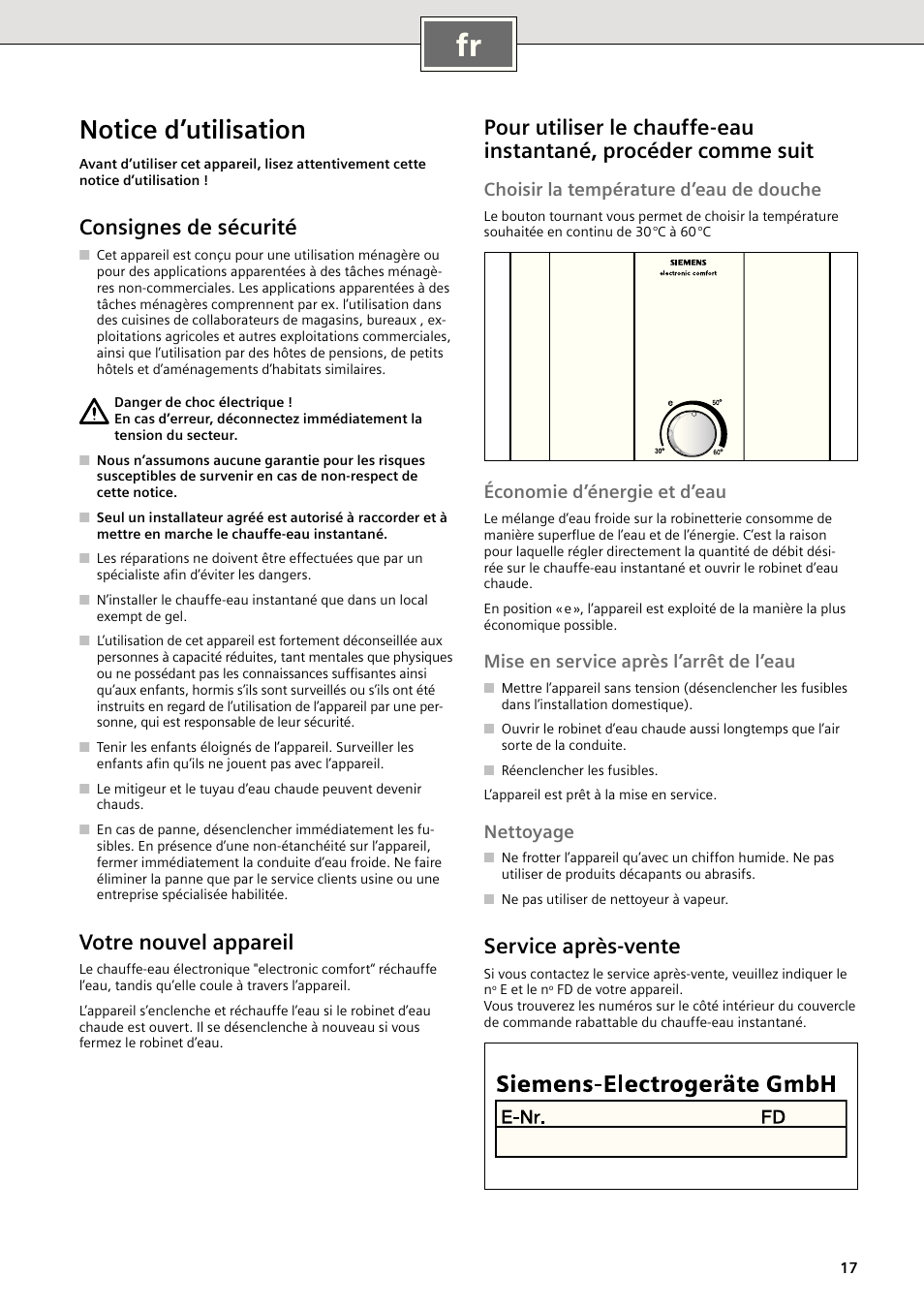 Notice d’utilisation, Consignes de sécurité, Votre nouvel appareil | Service après-vente, Choisir la température d’eau de douche, Économie d’énergie et d’eau, Mise en service après l’arrêt de l’eau, Nettoyage | Siemens DE1821415 User Manual | Page 17 / 52