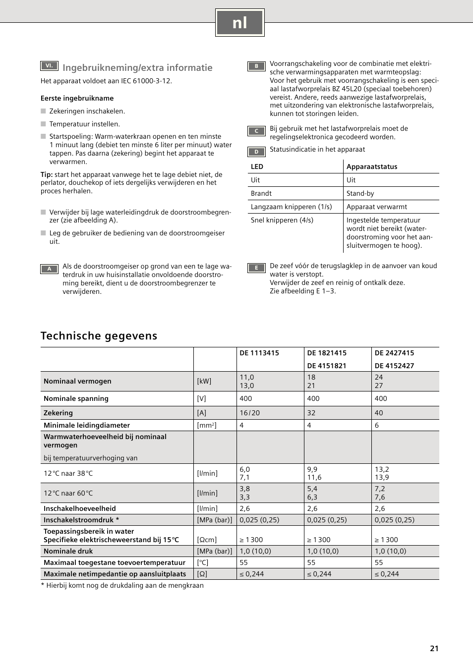 Technische gegevens, Ingebruikneming/extra informatie | Siemens DE1821415 User Manual | Page 21 / 52