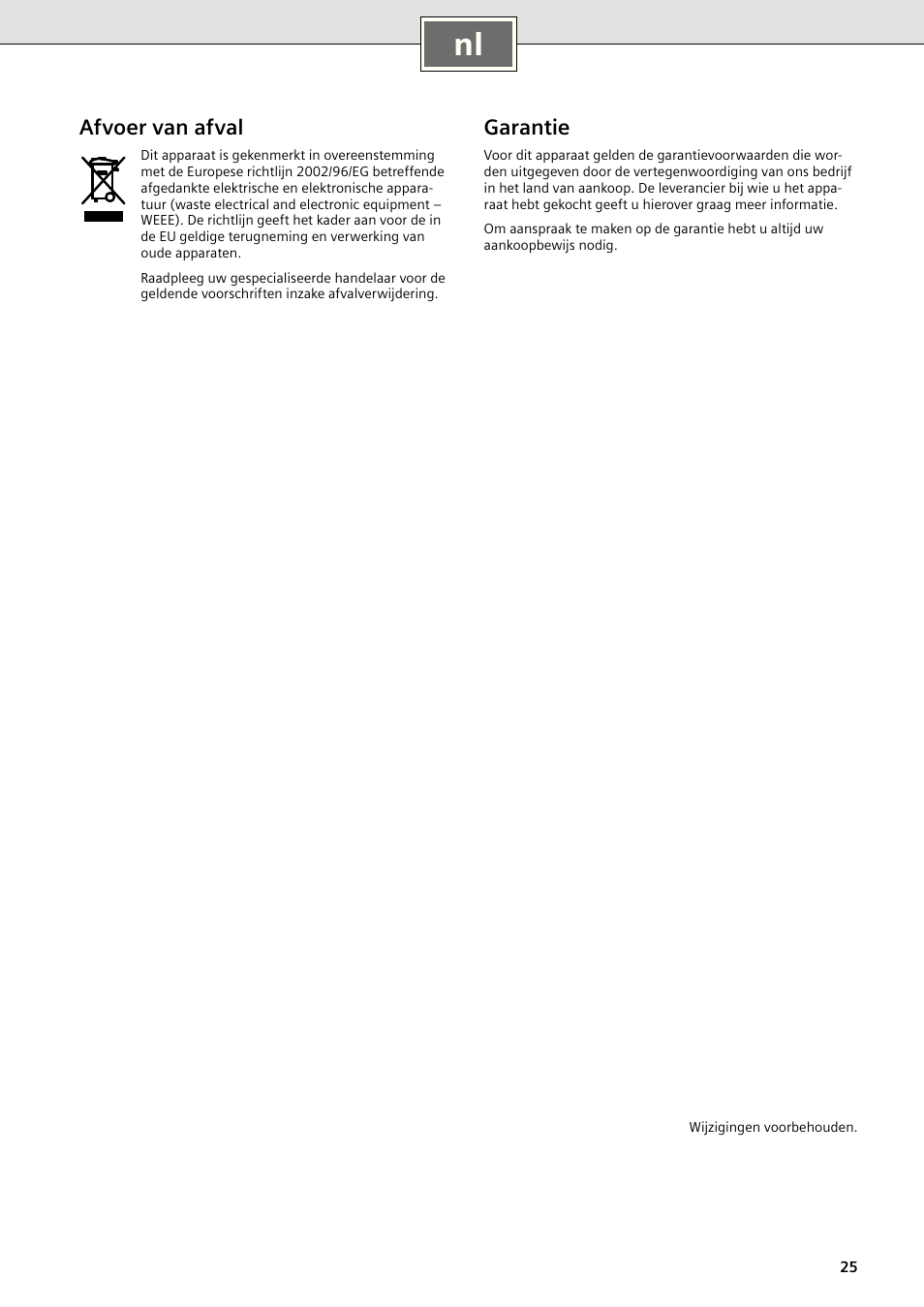 Afvoer van afval, Garantie | Siemens DE1821415 User Manual | Page 33 / 52